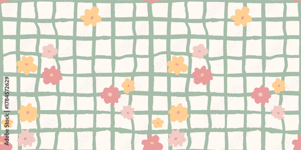 Naklejka premium Seamless pattern with ink doodle abstract flowers and leaves on grid. Trendy aesthetic green background. Hand drawn vector illustration. Boho, beach, checkered romantic wallpaper.