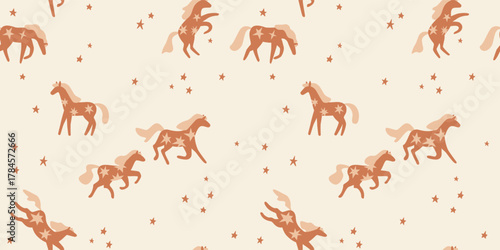 Seamless pattern with cute wild horses and stars. Hand drawn flat vector illustration. 2026 Lunar New year design. Cool cowboy background, kids poster, card, social media banner.