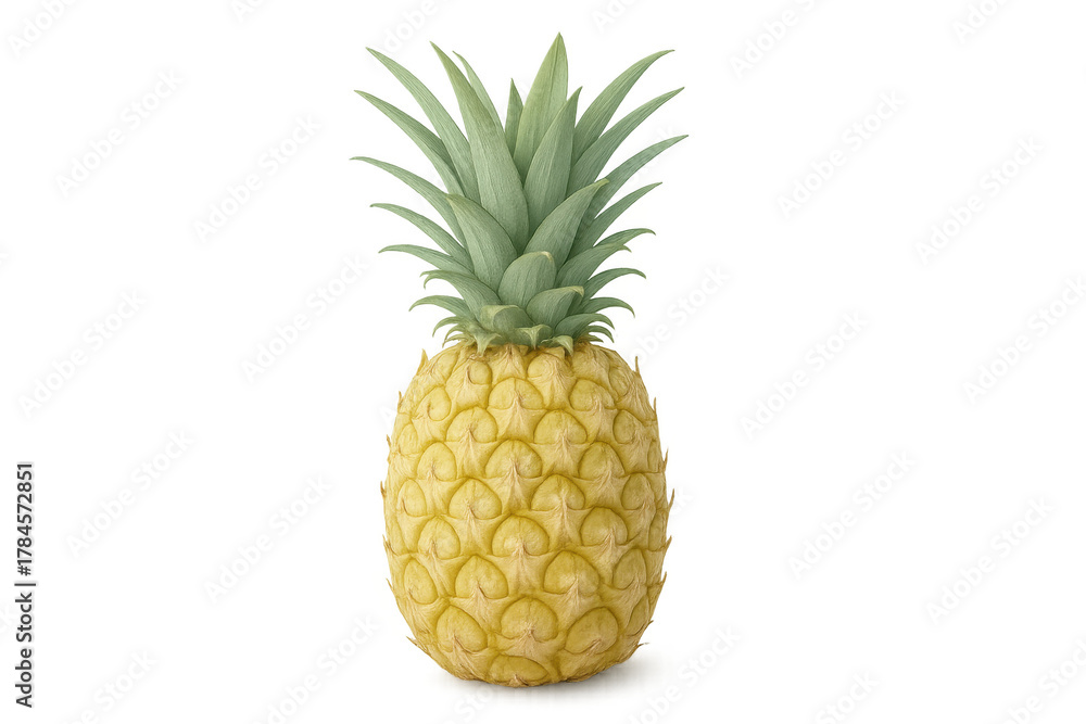 Fototapeta premium Ripe pineapple fruit standing upright with green crown, a tropical healthy food isolated on transparent background