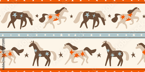 Seamless pattern with cute wild horses and stars in horizontal stripes. Hand drawn flat vector illustration. 2026 Lunar New year design. Cool cowboy background, fabric, card, social media banner.