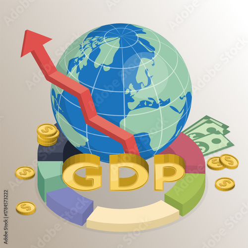 Gross domestic product concept (GDP). National economy, monetary policy, global finance topics, growth arrow chart, globe, money. 3d flat isometric vector illustration.