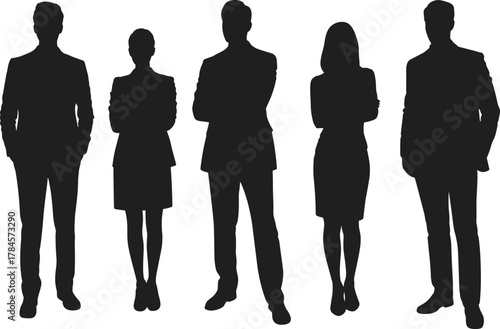 Business team silhouette row, male and female figures, formal attire icons, cad drawing flat vector illustration, professional group concept design