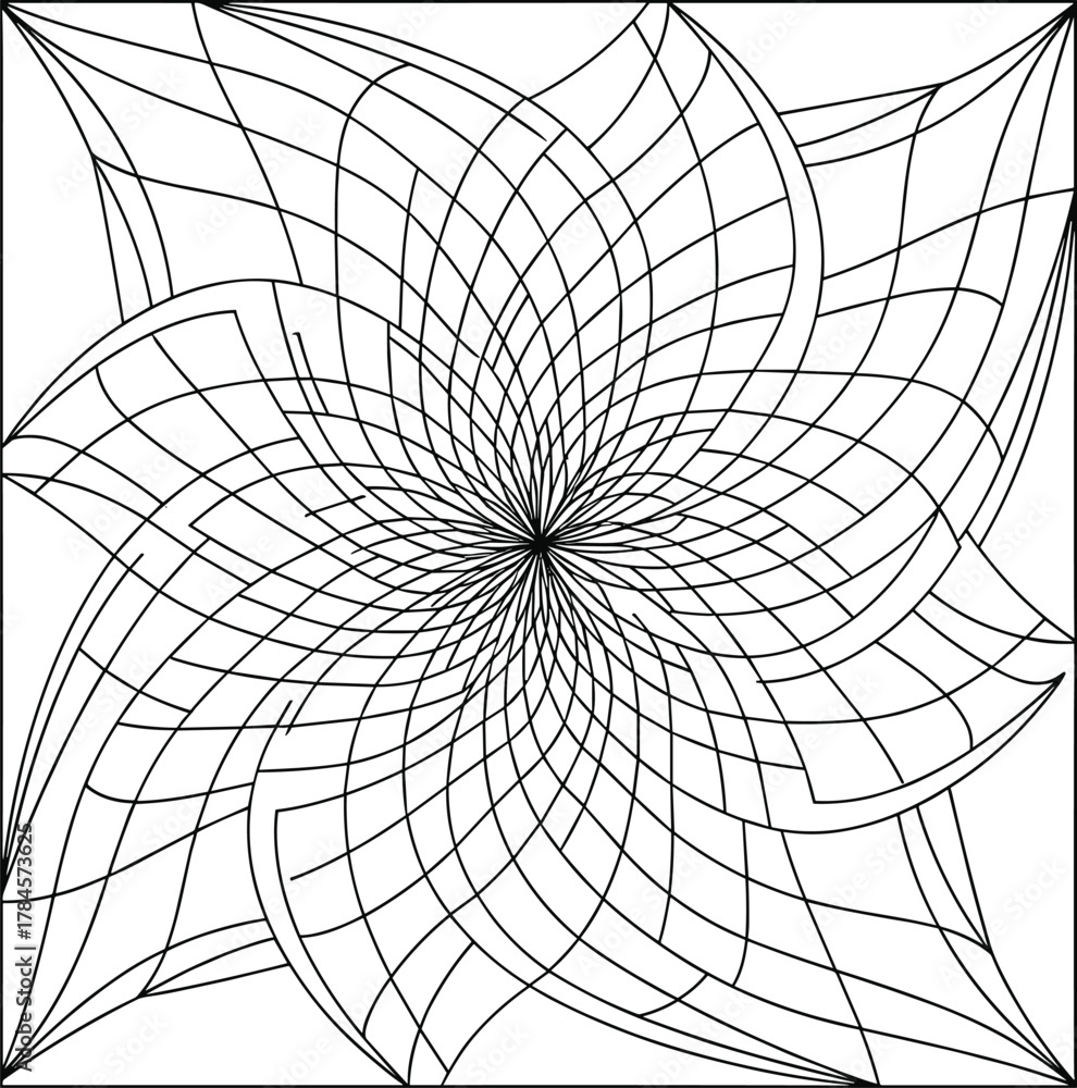 Obraz premium Geometric flower pattern, radial symmetry, curved lines, mathematical art, abstract design, motion illusion, square frame, intricate shape, digital graphic