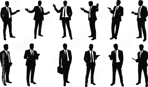 Businessman silhouette set, professional gesture icons, formal attire poses, corporate action figures, cad drawing flat vector illustration, leadership concept