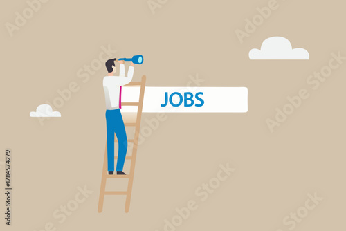 Man on ladder looking through telescope at jobs sign searching for career opportunities and employment