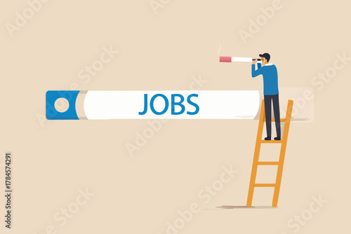 Man on ladder looking through telescope at jobs search bar seeking new career opportunities