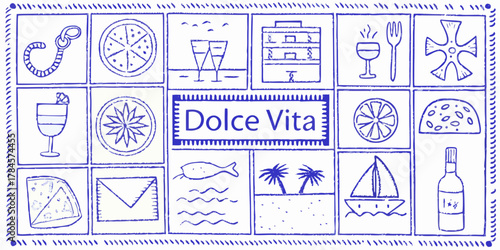 Collection of hand drawn blue ink illustrations representing dolce vita lifestyle and italian culture