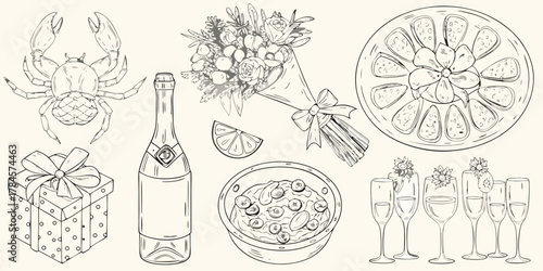 A delightful collection of hand drawn illustrations featuring a crab champagne bottle gift box floral bouquet citrus slices a bowl of food and champagne flutes