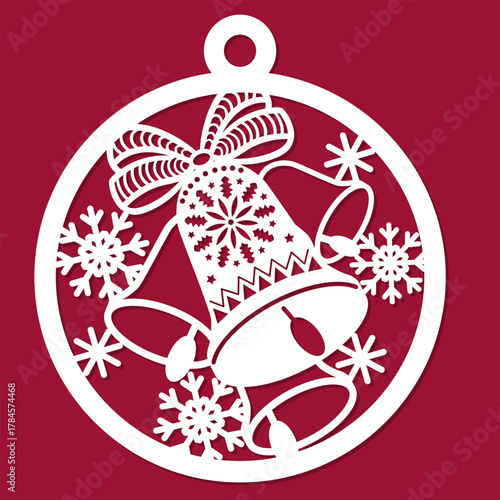 Christmas tree ball with bells, ribbon, and snowflakes. Laser cutting template for paper, wood, and metal. Suitable for designing New Year's and Christmas tree baubles, interior decorations, stencils,