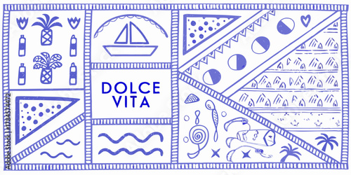 Whimsical blue line art collage celebrating dolce vita with tropical and nautical elements