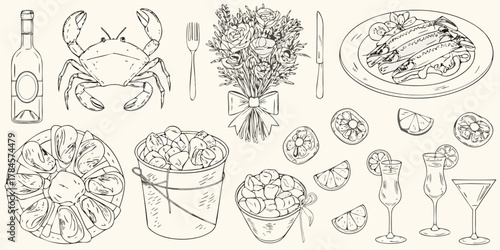 Hand drawn sketch of seafood feast and celebration elements with drinks and flowers