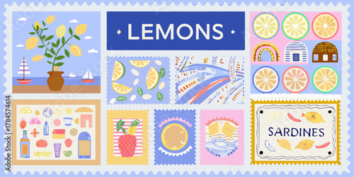 A charming collection of illustrated postage stamps featuring lemons sardines and summer vacation motifs