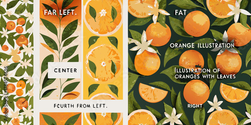 Vibrant illustration of oranges and blossoms in a collage style with artistic floral patterns and citrus slices