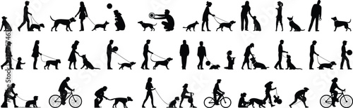 Human and dog silhouette set, activity and gesture icons, pet interaction poses, cad drawing flat vector illustration, lifestyle design concept