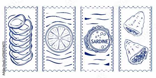 Hand drawn blue ink illustrations of sardine cans lemon slices and stacked potato chips in a decorative border
