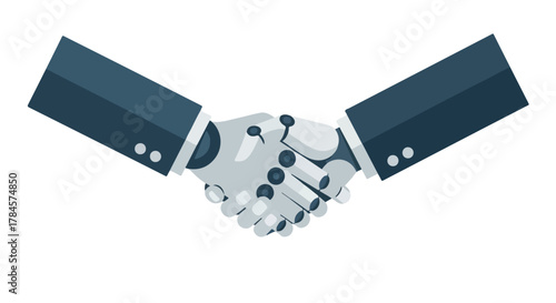 Robot and human handshaking a symbol of collaboration, technology integration and business partnership