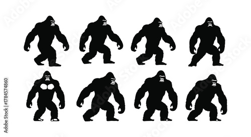 Eight gorilla silhouettes showing various walking poses and stances