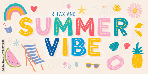 Foto Relax and summer vibe with colorful icons and text