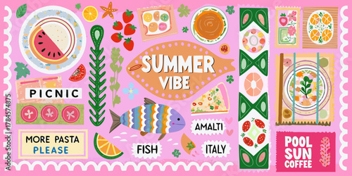 Schilderij op canvas Vibrant summer picnic vibe with food fruits and italian destinations