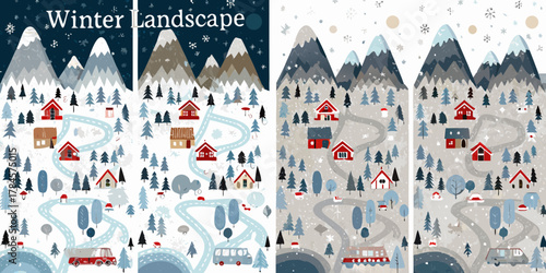 Charming winter village scene with snow covered mountains and winding roads