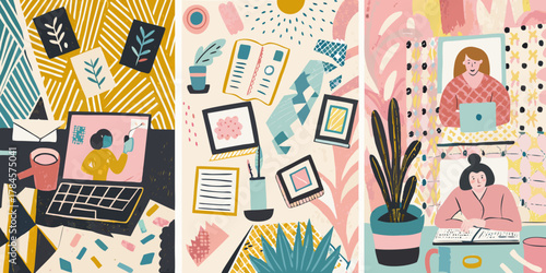 Three panels illustrating women working from home with laptops and desk accessories in a colorful abstract style