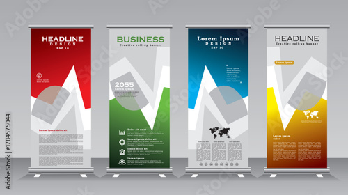 Roll up banner design display template, verticle banner design with red, green, blue and yellow colours, Roll up banner for business, conferance, event, welcome, party, fourm, campus, university,