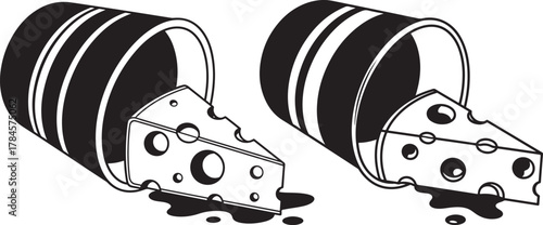 Two barrel silhouettes revealing wedges of swiss cheese silhouette