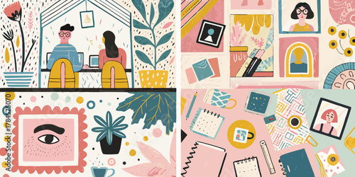 Creative collage of people working remotely and artistic elements with plants and desk supplies