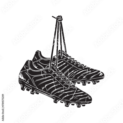 Pair of hanging football boots, hand-drawn grunge vector illustration. Soccer cleats sketch icon. Sport athletic footwear silhouette isolated on white background.
