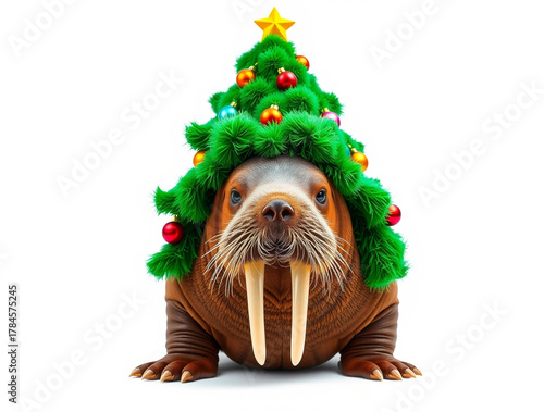 Walrus Wearing Christmas Tree Hat On White Background