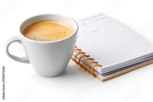 Morning routine concept coffee with open planner for effective time management and productivity on white background