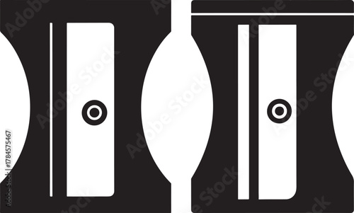 Two black and white silhouettes of a classic pencil sharpener
