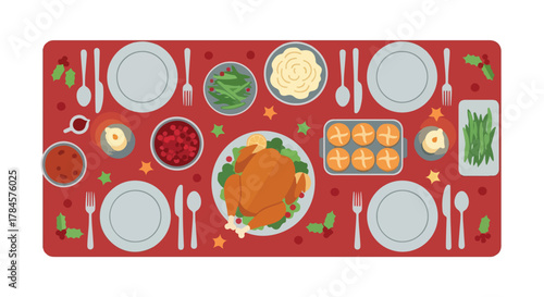 Overhead view of a beautifully set festive holiday dinner table with a roasted turkey and traditional side dishes, perfect for family celebrations and gatherings