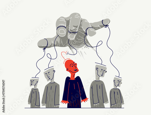 Hand of a toxic manipulator controls his victims and one person has freed from control, social manipulations and independence, vector illustration of psychological manipulation.