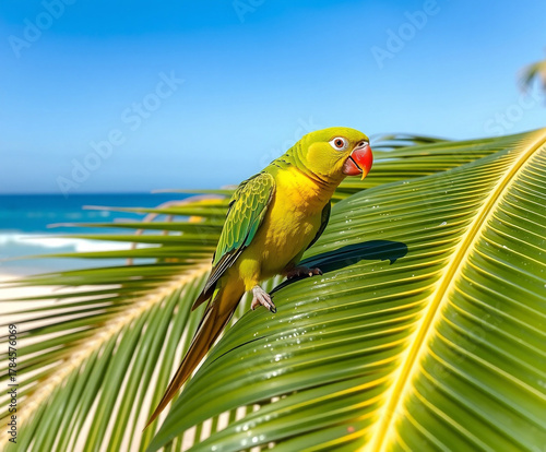 Yellow and Green Parrot on a Palm Leaf by the Ocean