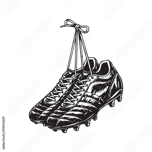 Pair of hanging football boots, hand-drawn grunge vector illustration. Soccer cleats sketch icon. Sport athletic footwear silhouette isolated on white background.

