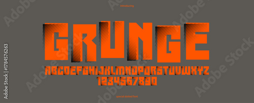 Halftone dotted futuristic cyberpunk font for logos and posters, vector brutal industrial typeface alphabet letters and numbers, urban technic future typography.