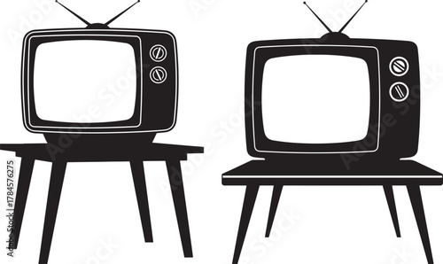 Two vintage television sets on stands in silhouette