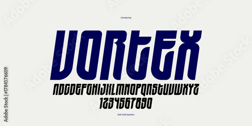 Bold and italic simple sans serif display font for logos headers or slogans, elegant vector thick and beautiful geometric typeface, uppercase letters alphabet with numbers, poster and advertising.