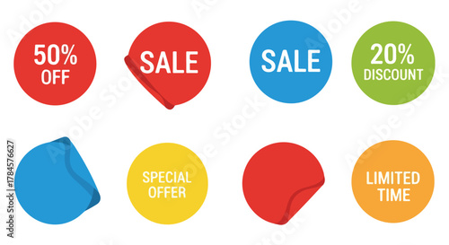 Set of colorful sale and discount promotional round stickers, modern flat design vector labels for marketing offers and advertising campaigns