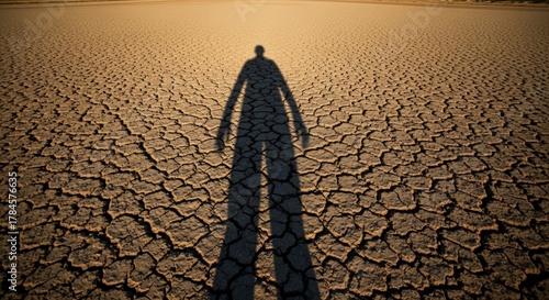 Long shadow of a person cast upon dry cracked ground symbolizing drought and environmental crisis