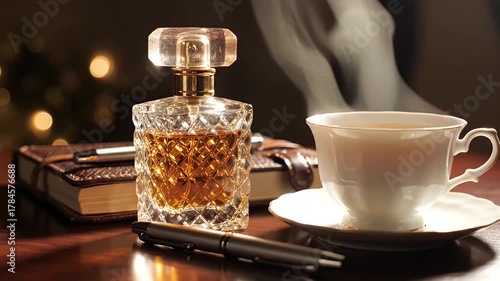 Elegant Still Life Composition with Perfume and a Steaming Cup of Tea.