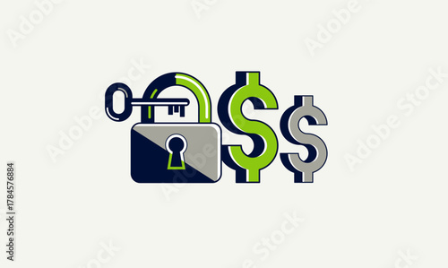 Financial safety vector detailed icon, padlock lock and money composition, secured bank account, safe private finances.