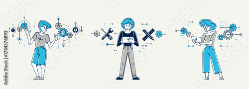 Mechanic engineer working on a draft plan vector illustration set, inventor or repair job, engineering machine industry, system technician.