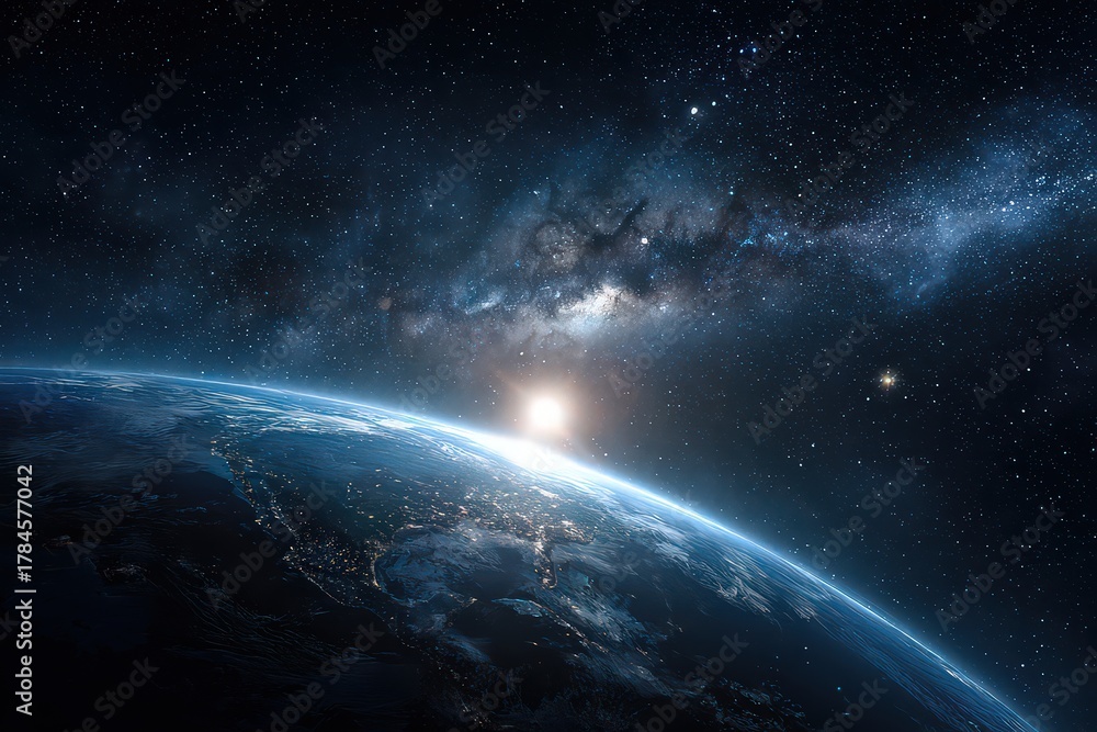 Fototapeta premium Vibrant Blue Planet View with City Lights Glowing Underneath a Starry Galaxy Sky Outer Space Exploration Concept