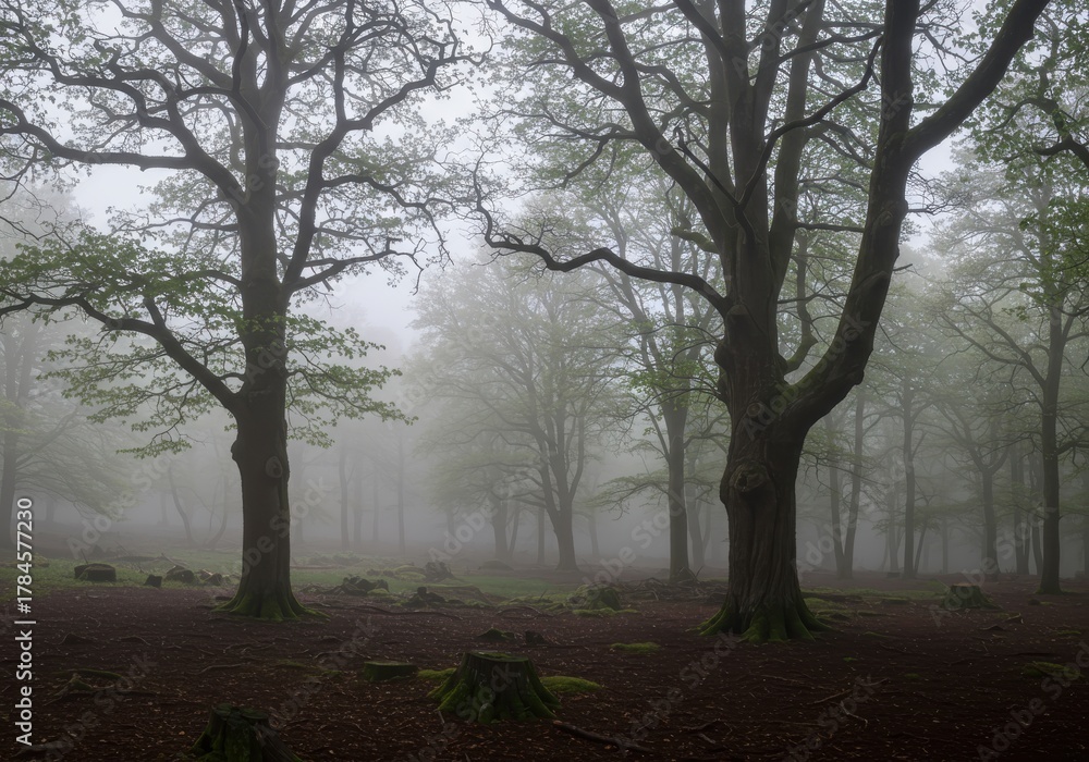 Obraz premium Large, gnarled trees stand prominently within a dense, misty forest landscape