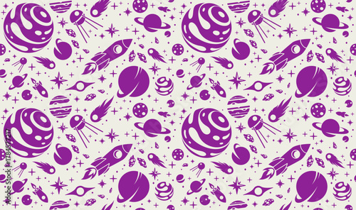 Exploring space seamless background, vector cartoon rockets flying among planets and stars endless wallpaper, astronomy school education for children tiling pattern.