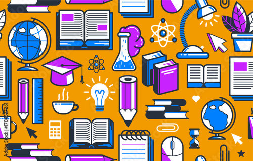 Education seamless background, vector endless pattern wallpaper with a lot of elements on study and learning theme, can be used separately like an icon.