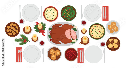 Festive Thanksgiving Dinner Table Setting with Turkey, Sides, and Candles - Top-Down View