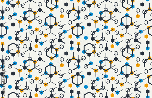 Molecules seamless background, vector tiling endless repeat pattern with different molecules, chemistry and pharmacology theme, elements easy to use separately as an icons or illustrations.